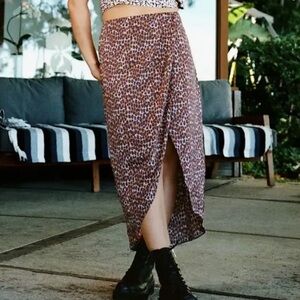 NWOT Urban Outfitters Open Front Slit Midi Satin Skirt in Leopard Size Small